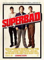 Superbad poster wall art print with three young men beneath a large red title on a cream background.