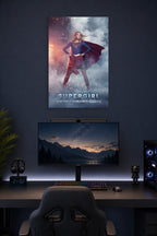 Supergirl in a gaming desk setup above a monitor.