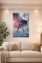 Supergirl in a bright living room above a beige sofa.