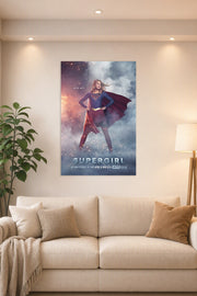 Supergirl in a bright living room above a beige sofa.