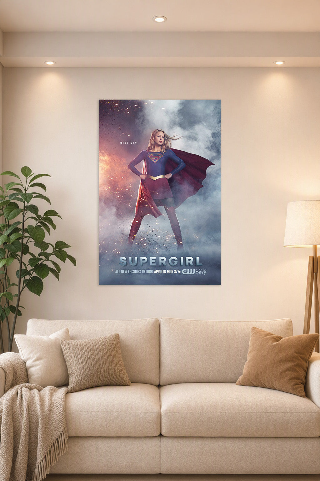 Supergirl in a bright living room above a beige sofa.