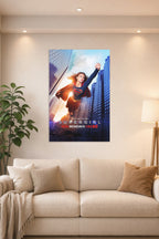 Supergirl in a bright living room above a beige sofa.
