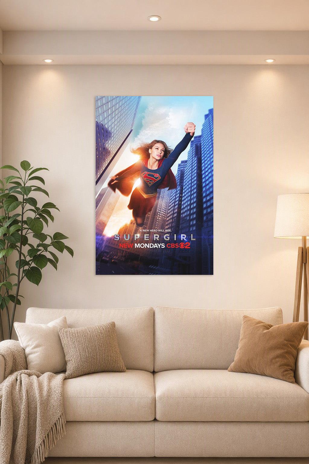 Supergirl in a bright living room above a beige sofa.