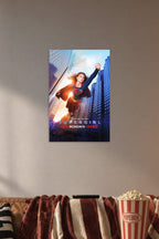 Supergirl in a cozy movie room above a brown sofa with popcorn.