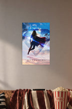 Supergirl in a cozy movie room above a brown sofa with popcorn.