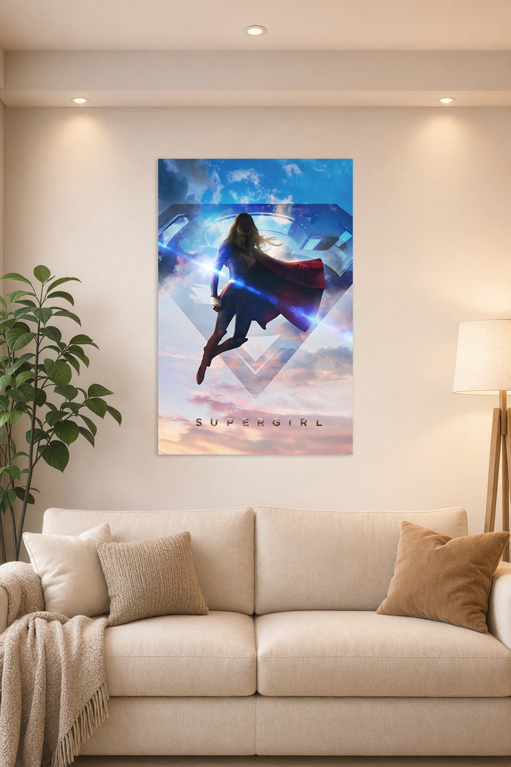 Supergirl in a bright living room above a beige sofa.