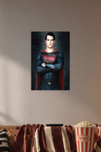 Superman Henry Cavill in a cozy movie room above a brown sofa with popcorn.