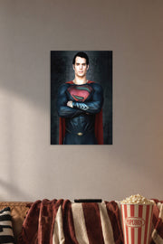 Superman Henry Cavill in a cozy movie room above a brown sofa with popcorn.