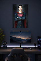 Superman Henry Cavill in a gaming desk setup above a monitor.