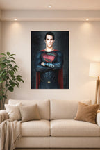 Superman Henry Cavill in a bright living room above a beige sofa.