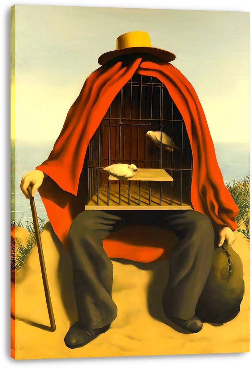 Canvas wall art print featuring a cloaked seated man with a birdcage torso, two white birds, a walking cane, and a calm coastal backdrop.