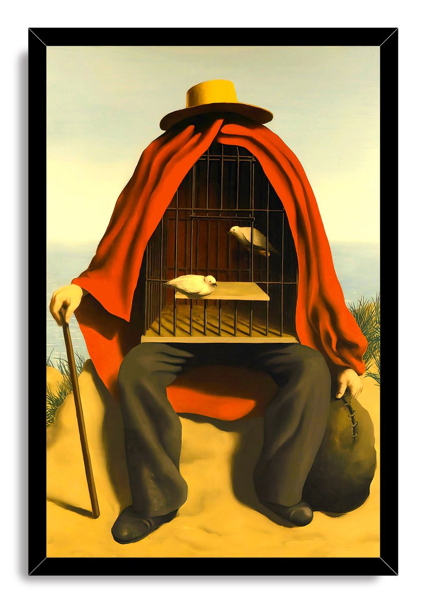 Framed wall art print of a surreal seated figure in a red cloak, with two doves inside a birdcage torso against sea and sky.