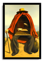 Framed wall art print of a surreal seated figure in a red cloak, with two doves inside a birdcage torso against sea and sky.