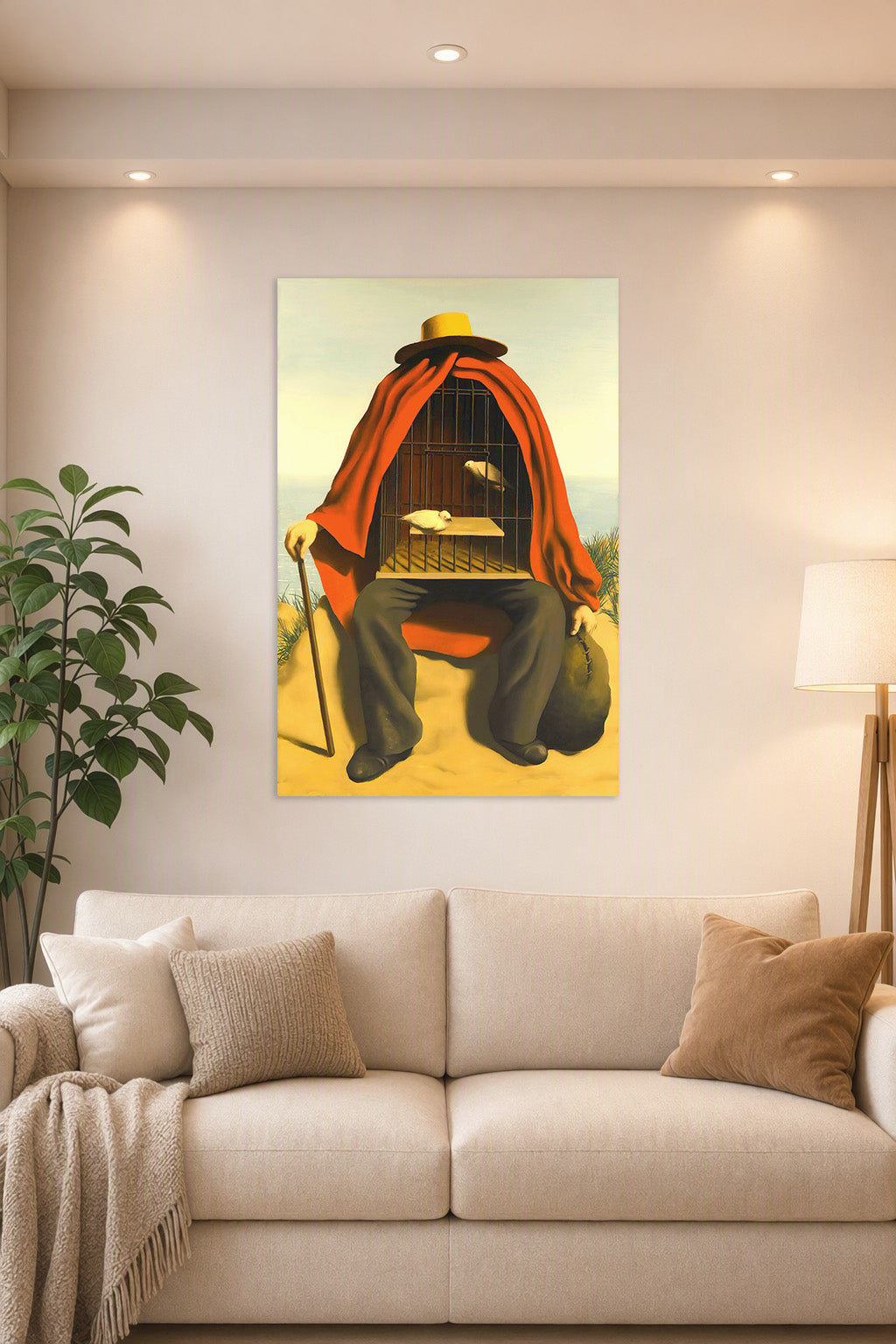Surreal Cage Man in a bright living room above a beige sofa.