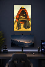Surreal Cage Man in a gaming desk setup above a monitor.
