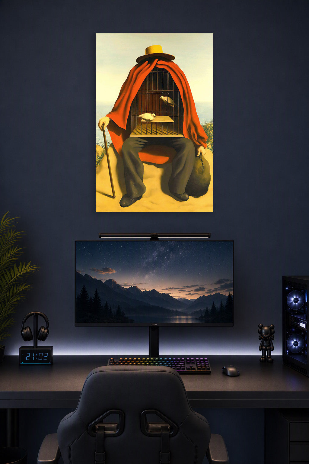 Surreal Cage Man in a gaming desk setup above a monitor.