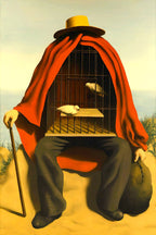 Surreal wall art print of a seated figure in a red cloak and yellow hat, with a birdcage torso holding two white doves by the sea.
