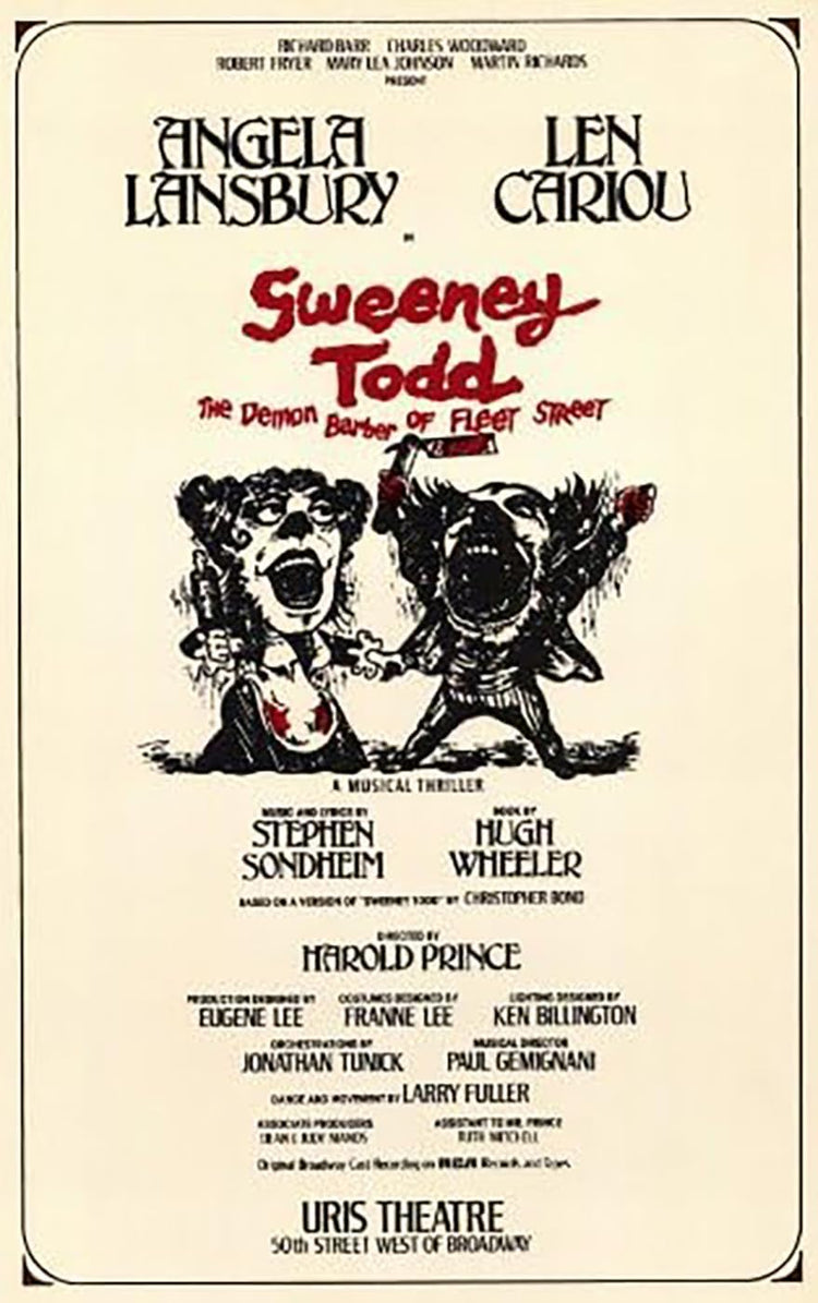 Sweeney Todd poster with red title lettering above black-and-white caricatures of two screaming figures on a cream background.