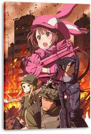 Sword Art Online Alternative: Gun Gale Online canvas wall art print displays four armed anime fighters amid fiery ruined buildings.
