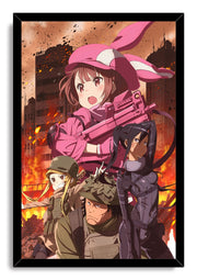 Sword Art Online Alternative: Gun Gale Online framed wall art print portrays four armed anime characters against a blazing urban battlefield.