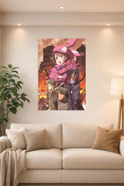 Sword Art Online Alternative: Gun Gale Online Characters in a bright living room above a beige sofa.