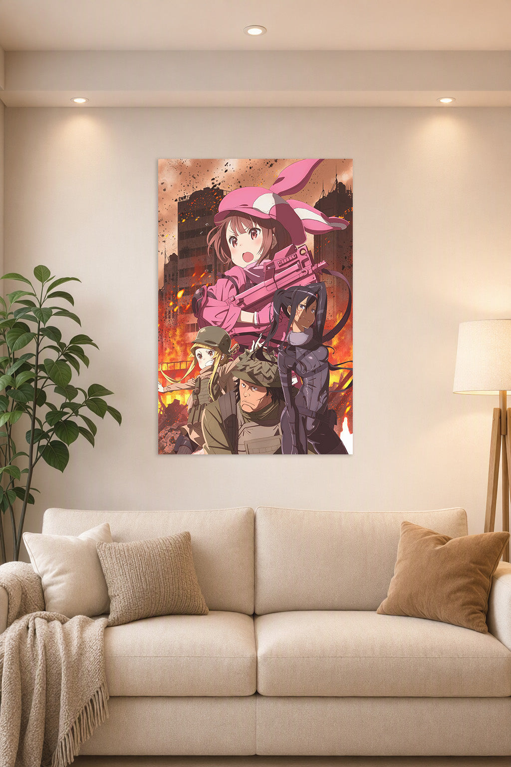 Sword Art Online Alternative: Gun Gale Online Characters in a bright living room above a beige sofa.