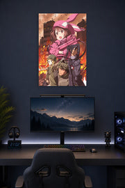 Sword Art Online Alternative: Gun Gale Online Characters in a gaming desk setup above a monitor.