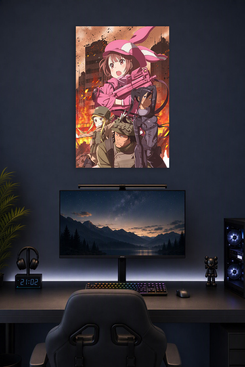Sword Art Online Alternative: Gun Gale Online Characters in a gaming desk setup above a monitor.
