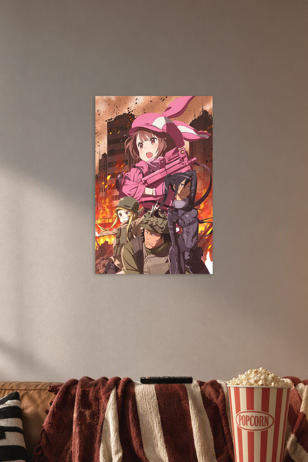 Sword Art Online Alternative: Gun Gale Online Characters in a cozy movie room above a brown sofa with popcorn.