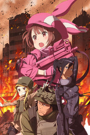 Sword Art Online Alternative: Gun Gale Online poster features four armed anime fighters before a burning city in pink, black, and orange.