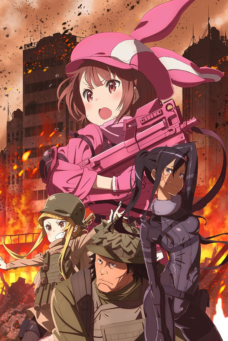 Sword Art Online Alternative: Gun Gale Online poster features four armed anime fighters before a burning city in pink, black, and orange.