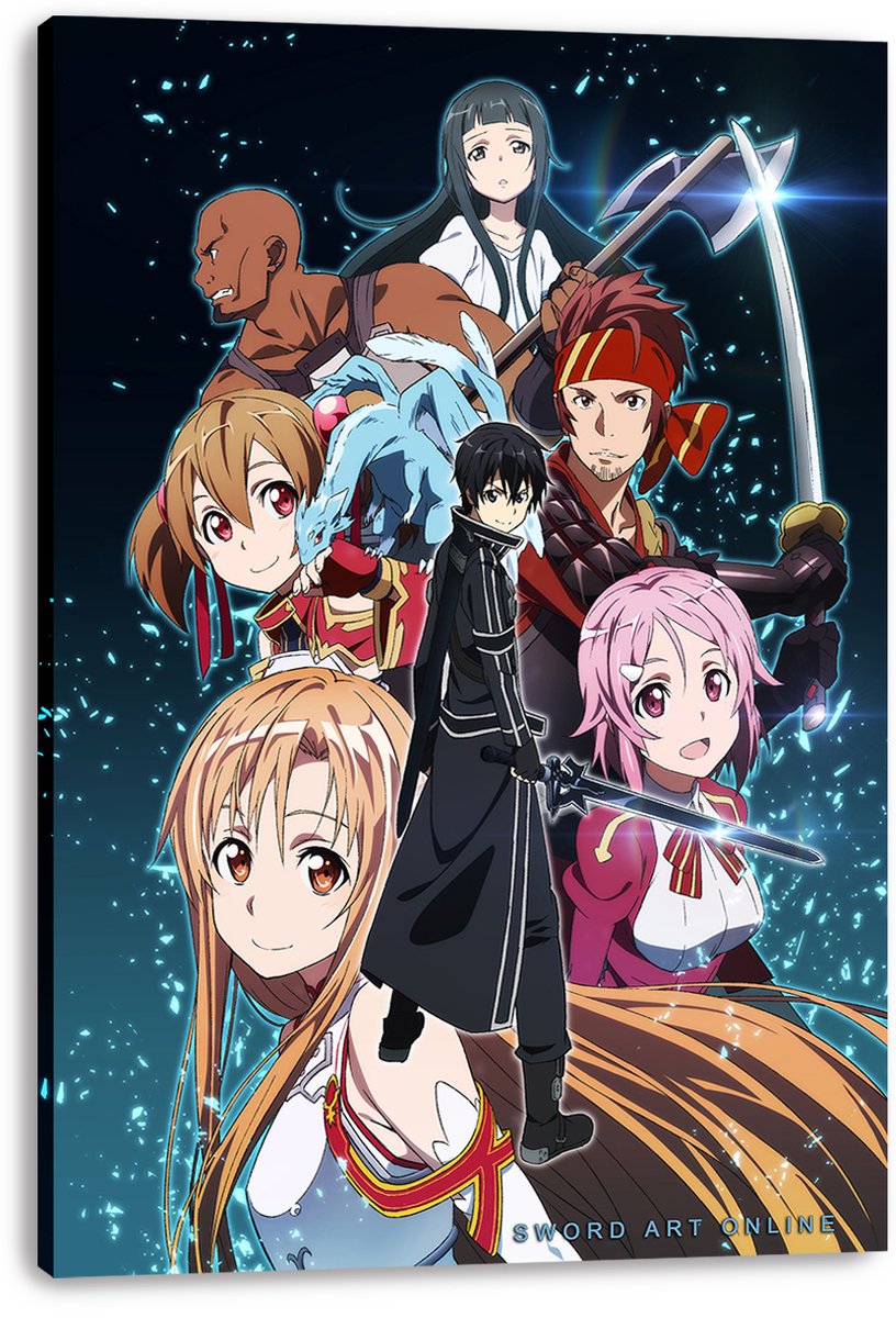 Sword Art Online canvas wall art print featuring Kirito, Asuna, and allies with swords against a dark blue sparkling background.