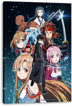 Sword Art Online canvas wall art print featuring Kirito, Asuna, and allies with swords against a dark blue sparkling background.