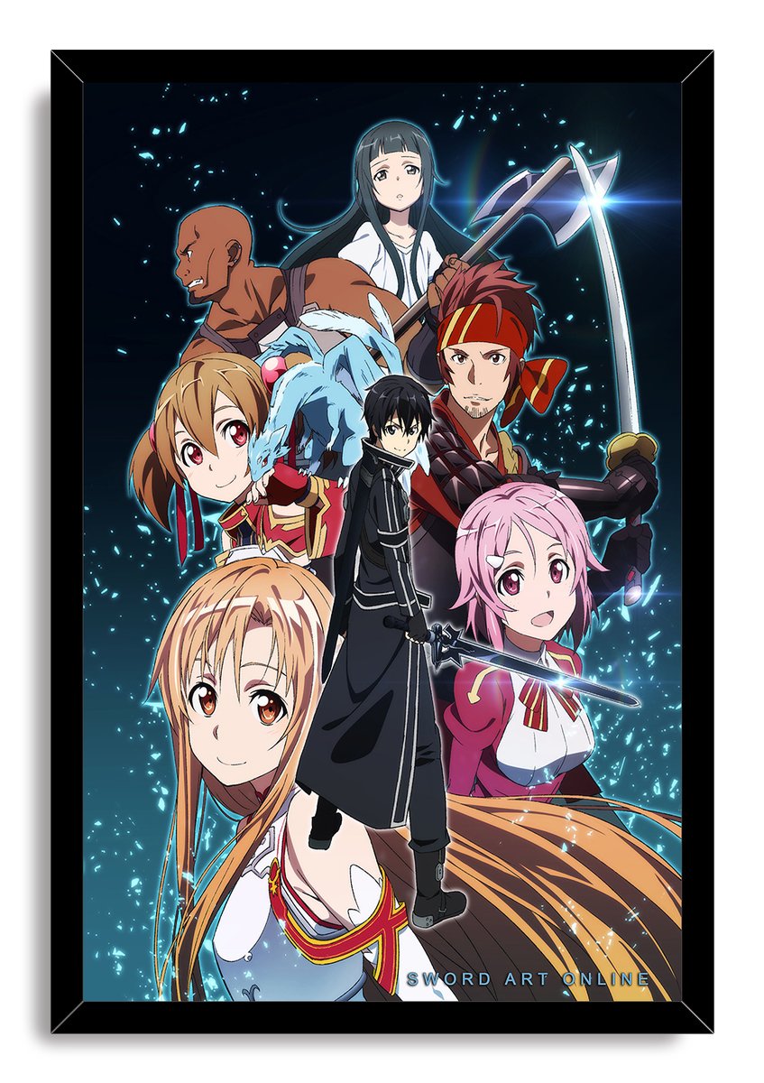 Sword Art Online framed wall art print with Kirito, Asuna, and companions wielding weapons amid luminous blue fragments.
