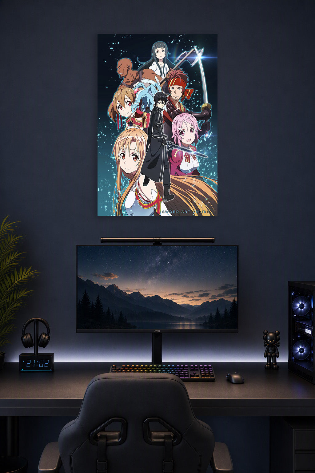 Sword Art Online Characters in a gaming desk setup above a monitor.