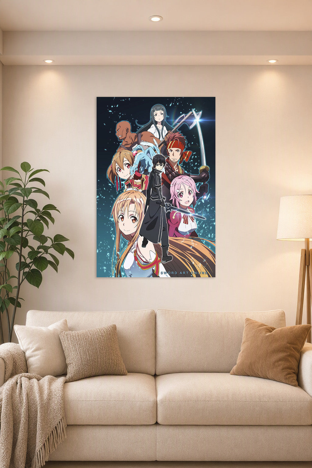 Sword Art Online Characters in a bright living room above a beige sofa.
