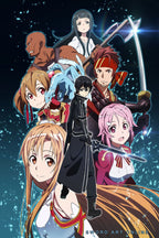 Sword Art Online poster featuring Kirito with a sword, Asuna, and fellow anime characters amid glowing blue shards.