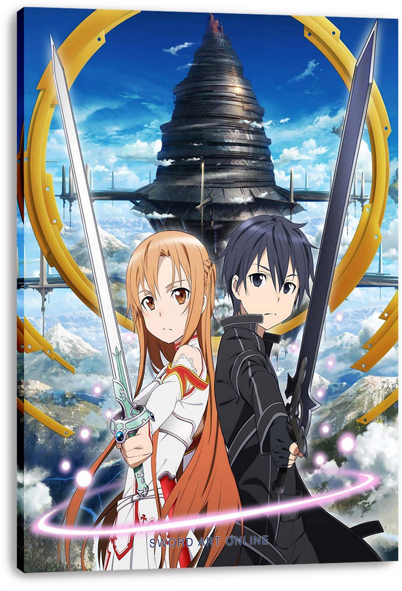 Sword Art Online canvas wall art print featuring Kirito and Asuna with raised swords beneath a floating fortress and golden arc.