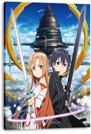 Sword Art Online canvas wall art print featuring Kirito and Asuna with raised swords beneath a floating fortress and golden arc.