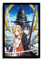 Sword Art Online framed wall art print of Kirito and Asuna wielding swords against clouds, mountains, a tower, and pink light rings.