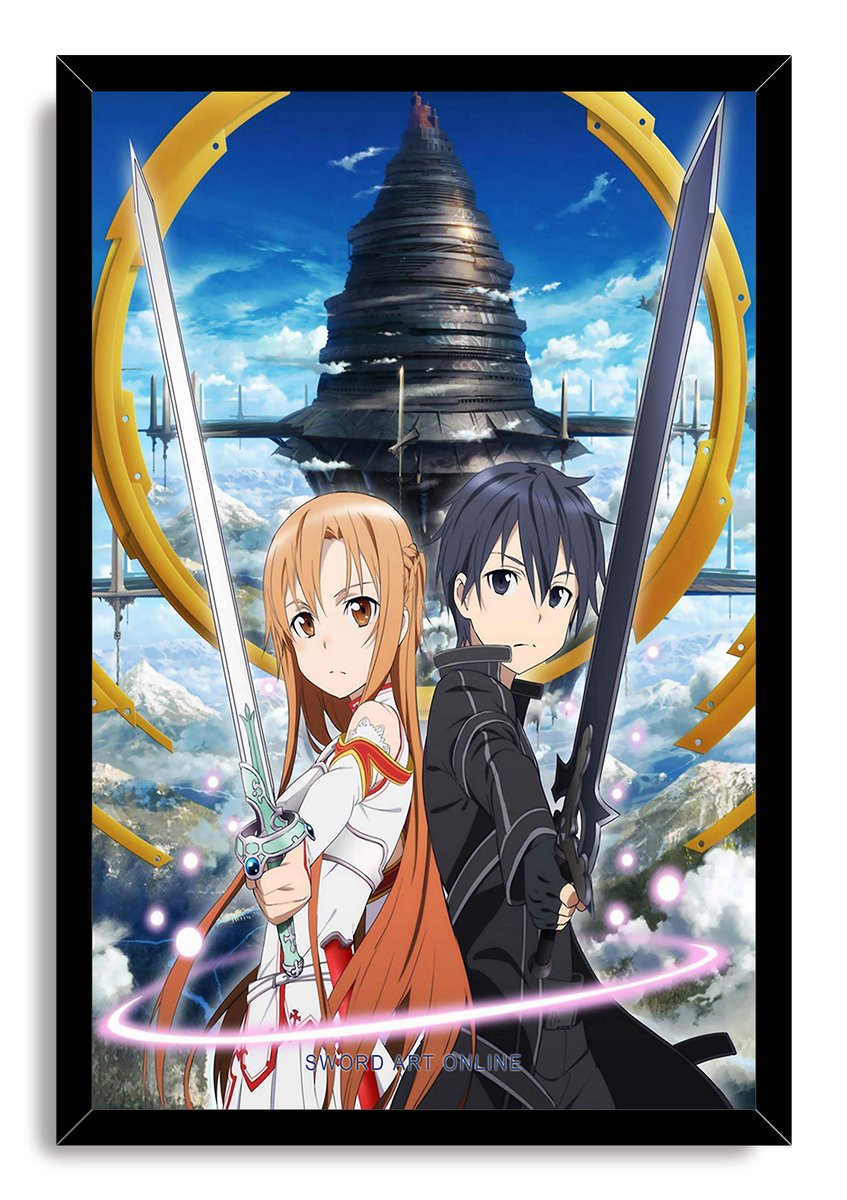 Sword Art Online framed wall art print of Kirito and Asuna wielding swords against clouds, mountains, a tower, and pink light rings.