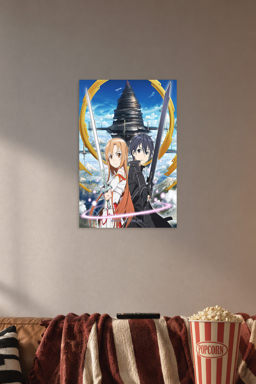 Sword Art Online Kirito and Asuna in a cozy movie room above a brown sofa with popcorn.