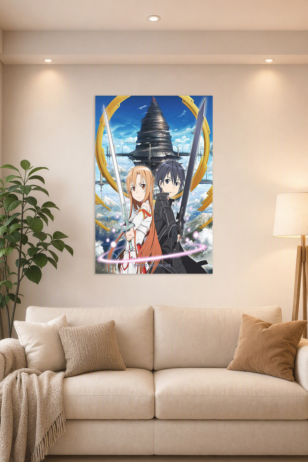 Sword Art Online Kirito and Asuna in a bright living room above a beige sofa.