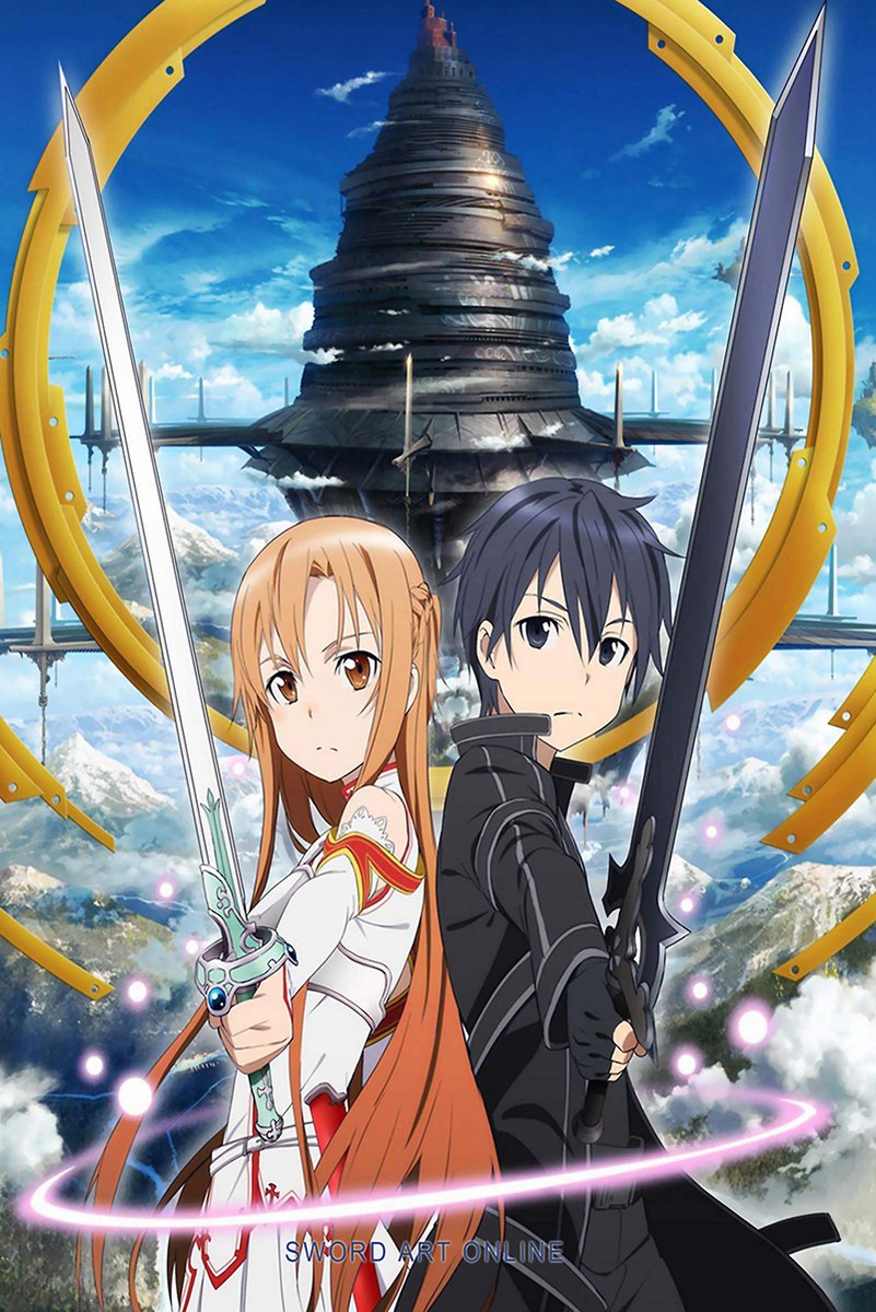 Sword Art Online wall art print of Kirito and Asuna holding swords before a floating tower, gold ring, and blue sky.