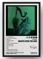 Framed TV Girl Grapes Upon the Vine wall art print with a monochrome green harp player, song list, and black border.