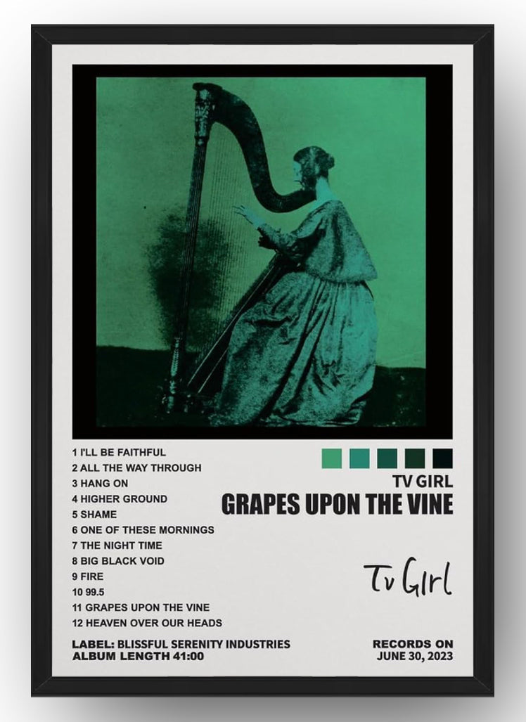 Framed TV Girl Grapes Upon the Vine wall art print with a monochrome green harp player, song list, and black border.