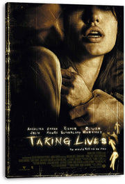 Taking Lives canvas wall art print featuring a distressed woman and dark male silhouette above the glowing title text.