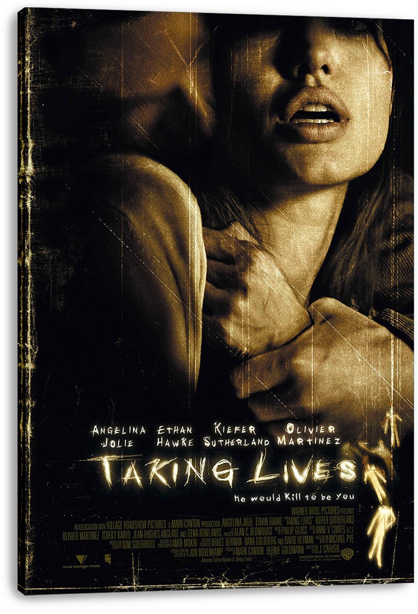 Taking Lives canvas wall art print featuring a distressed woman and dark male silhouette above the glowing title text.