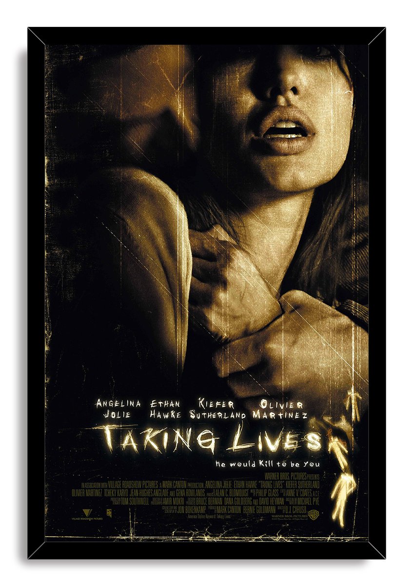 Taking Lives framed wall art print in a black border, with tense sepia portraits and scratched thriller poster typography.