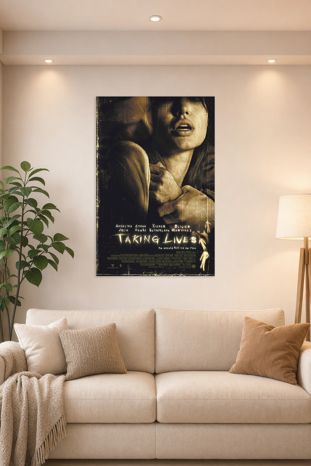 Taking Lives Movie in a bright living room above a beige sofa.